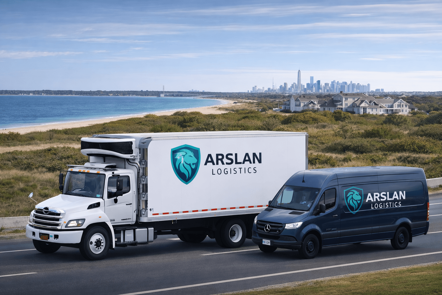 Arslan Logistics refrigerated fleet on the road with coastal background