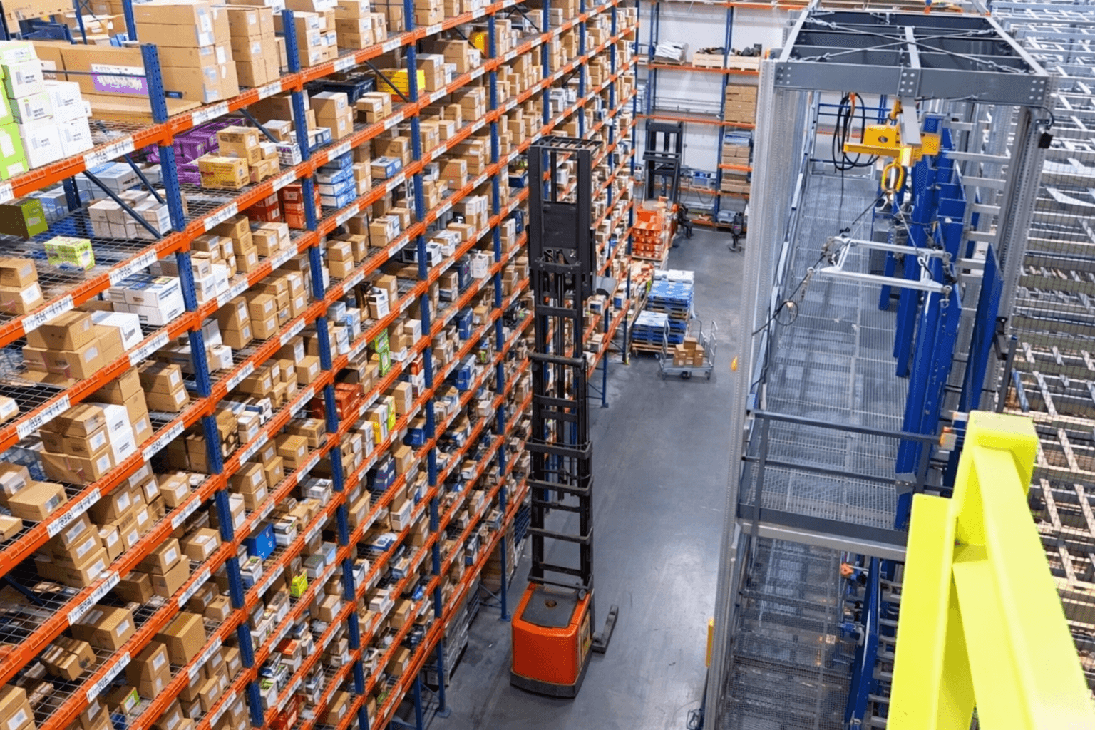 Warehouse with tall shelving and distribution operations